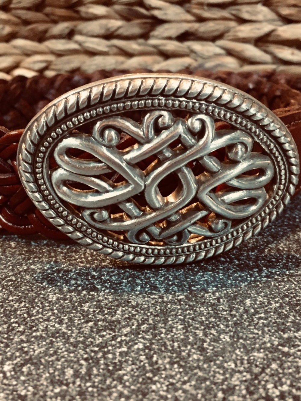 Braided Brown Leather Belt with Silver Oval Celtic Buckle
